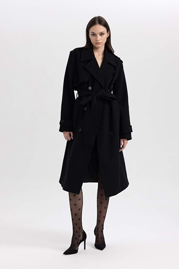 Regular Kalıp Ceket Yaka Apoletli Düğme Kapamalı Cepli Yünlü Uzun Kaşe Kaban A9154AX23WN - 3