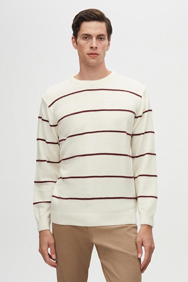 Ds Damat Regular Fit Ecru Striped Anti-Pilling Crew Neck Knitwear Sweater