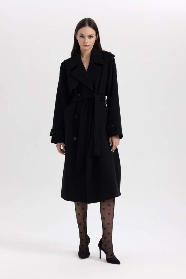 Regular Kalıp Ceket Yaka Apoletli Düğme Kapamalı Cepli Yünlü Uzun Kaşe Kaban A9154AX23WN - 5