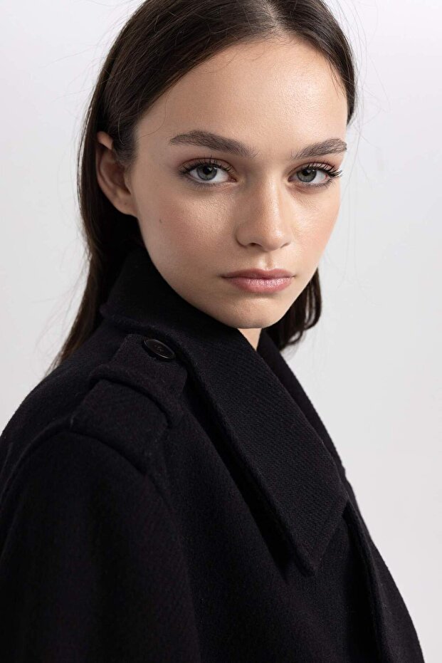 Regular Kalıp Ceket Yaka Apoletli Düğme Kapamalı Cepli Yünlü Uzun Kaşe Kaban A9154AX23WN - 8