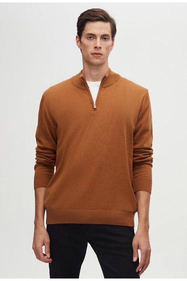 Ds Damat Slim Fit Cinnamon Half Zipper Knitwear Sweater