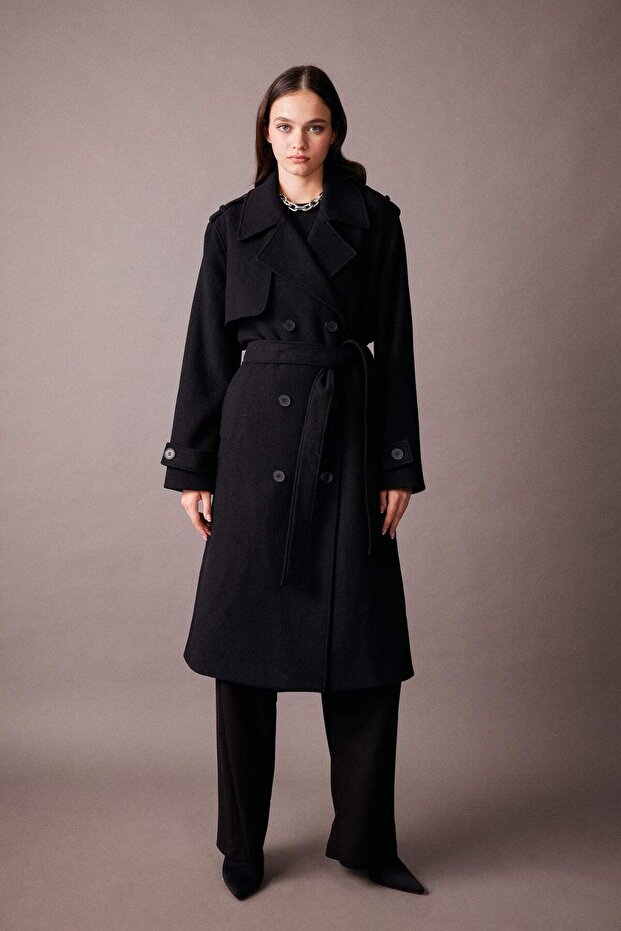 Regular Kalıp Ceket Yaka Apoletli Düğme Kapamalı Cepli Yünlü Uzun Kaşe Kaban A9154AX23WN - 1