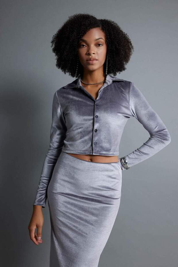 Fitted Kadife Uzun Kollu Crop Gömlek B6530AX23WN - 2