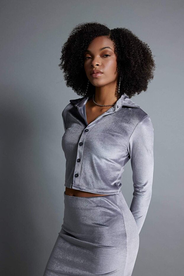 Fitted Kadife Uzun Kollu Crop Gömlek B6530AX23WN - 3