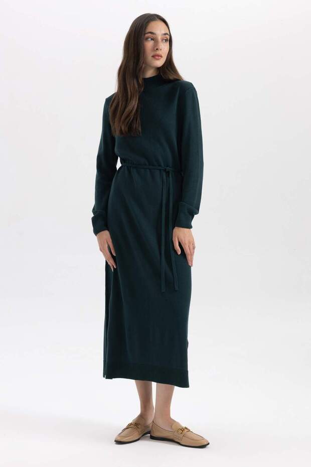 Regular Fit Yarım Balıkçı Yaka Basic Düz Yırtmaçlı Uzun Kollu Maxi Triko Elbise A9807AX23WN - 3