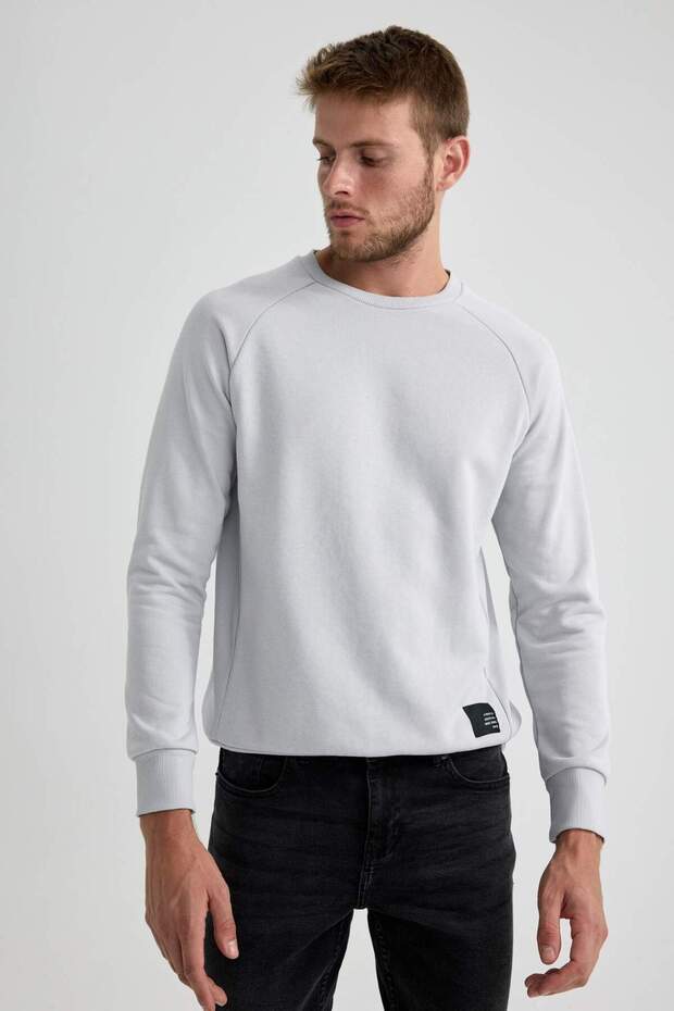 Gri Regular Fit Bisiklet Yaka Dokuma Etiketli Basic Düz Sweatshirt A5281AX23AU - 3