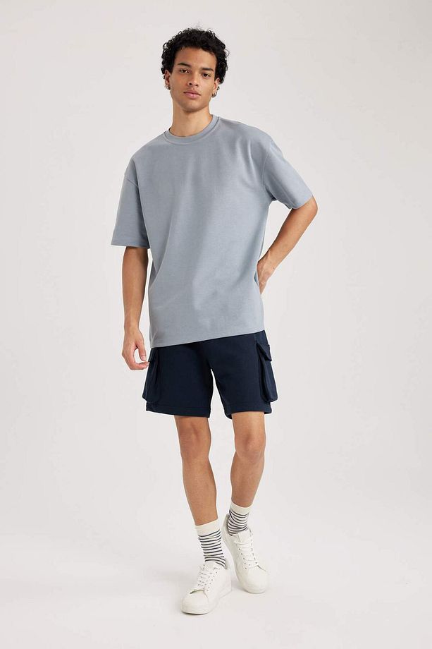 Oversize Geniş Kalıp Bisiklet Yaka Kısa Kollu Basic Düz Ağır Kumaş Tişört X3926AZ23AU - 2
