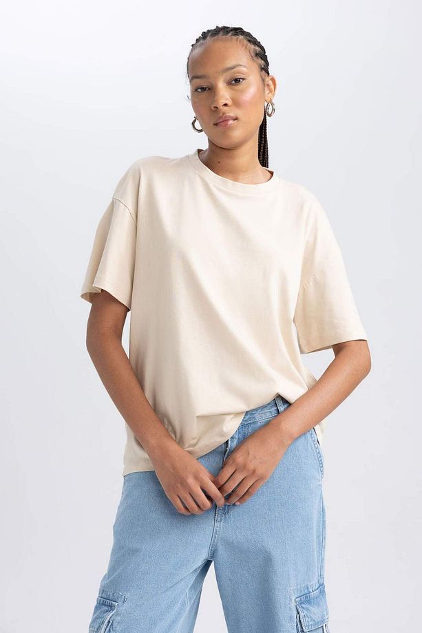 Oversize Geniş Kalıp Bisiklet Yaka Kısa Kollu Tişört B0648AXNS - 4
