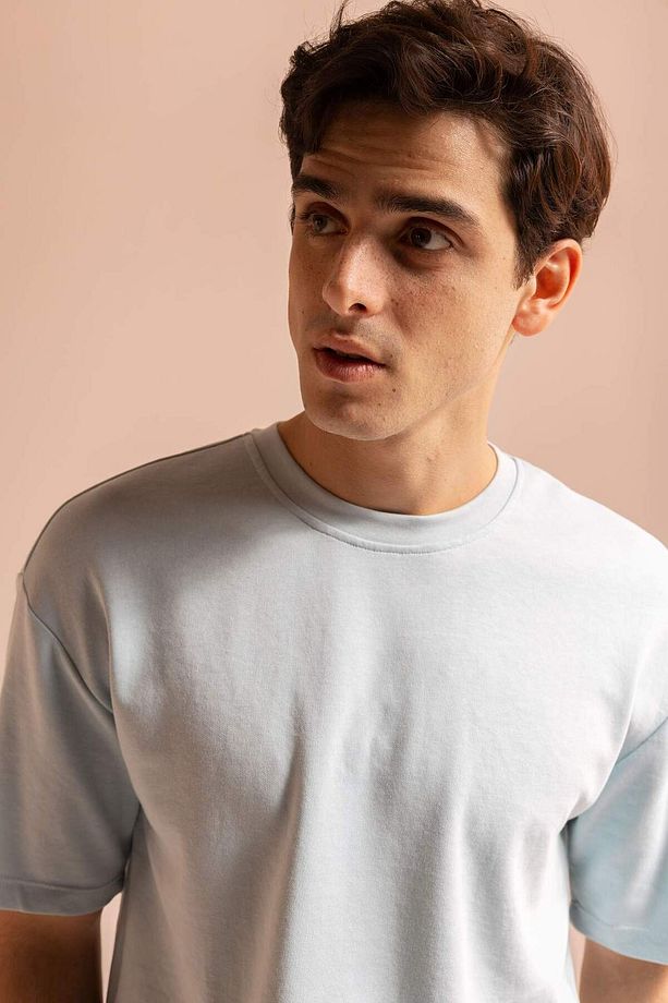 Oversize Geniş Kalıp Bisiklet Yaka Kısa Kollu Basic Düz Ağır Kumaş Tişört X3926AZ23SP - 1