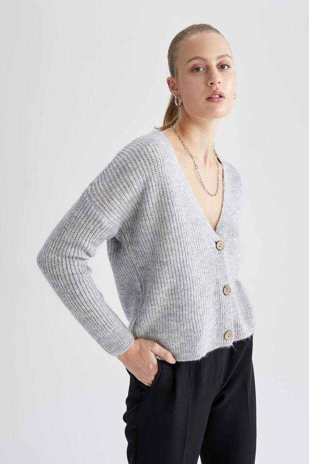 Regular Fit V Yaka Selanik Kumaş Hırka R1262AZ22WN - 3