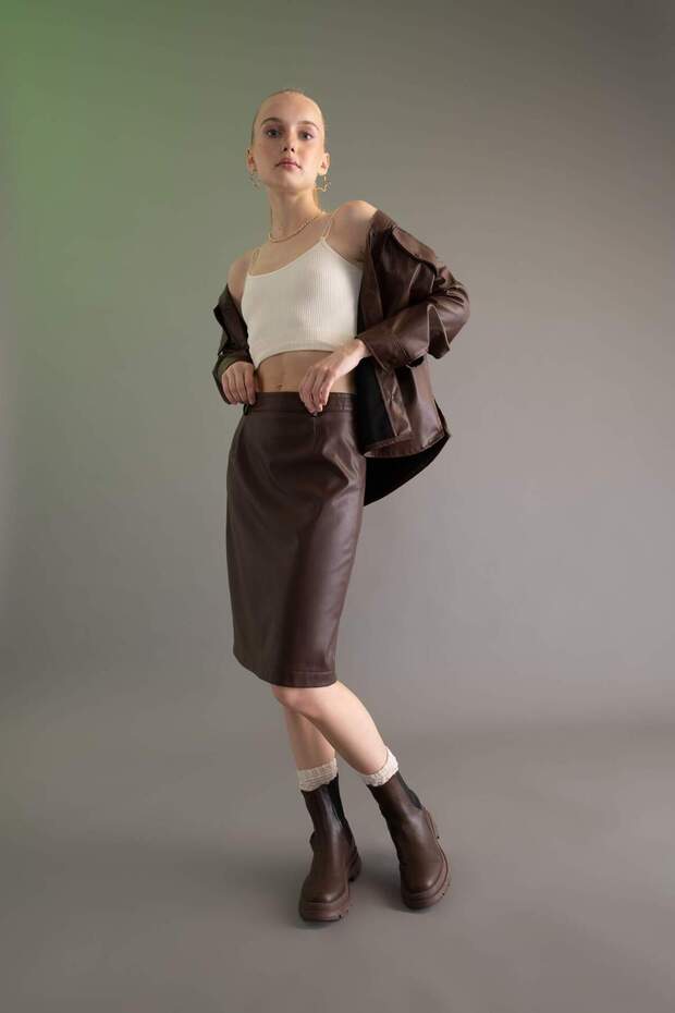 Kalem Normal Waist Faux Leather Midi Skirt Z0782Az22Au