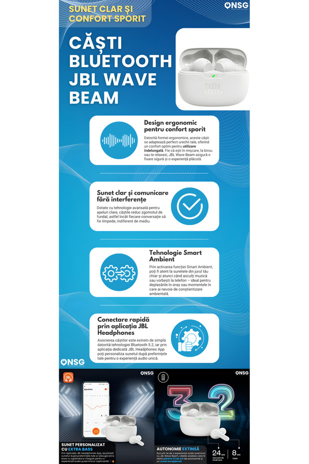 Căști Bluetooth Wave Beam, albe - 7