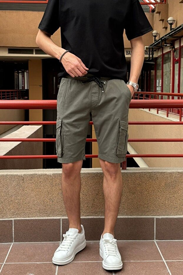 Men's, Elastic Waist, Cargo pocket, Lace-up, Back pocket flap shorts