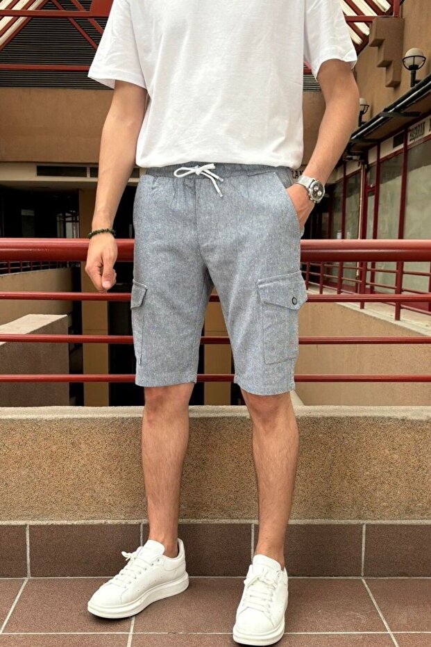 Men'S, Elastic Waist, Cargo Pocket, Cotton, Linen Woven, Lace-Up Shorts 24Inp287