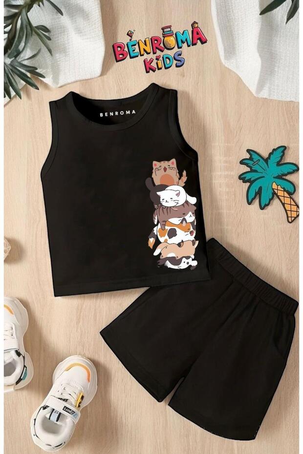 Cats Overlap Printed Shorts Tee Unisex Children's Set