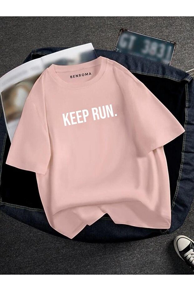 تي شيرت مطبوع كبير الحجم للجنسين مطبوع عليه KEEP RUN
