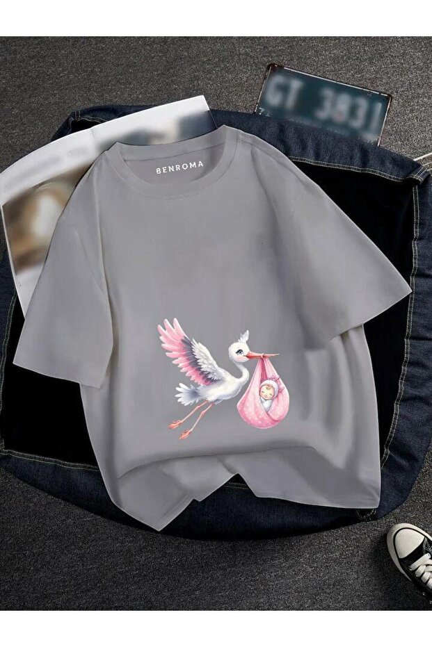 Pregnant Pink Stork Printed T-Shirt