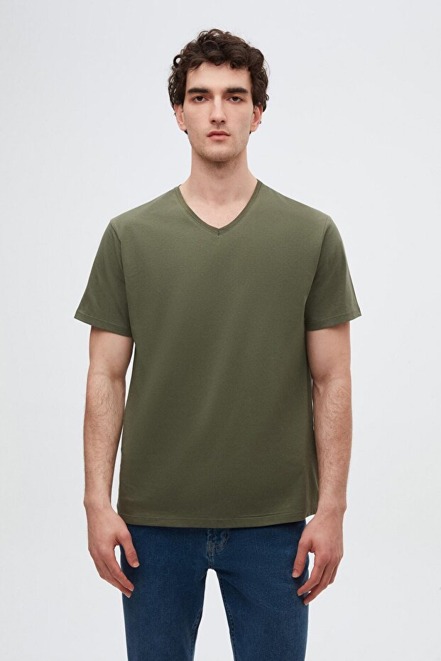 Ds Damat Slim Fit Khaki V-Neck 100% Cotton T-Shirt