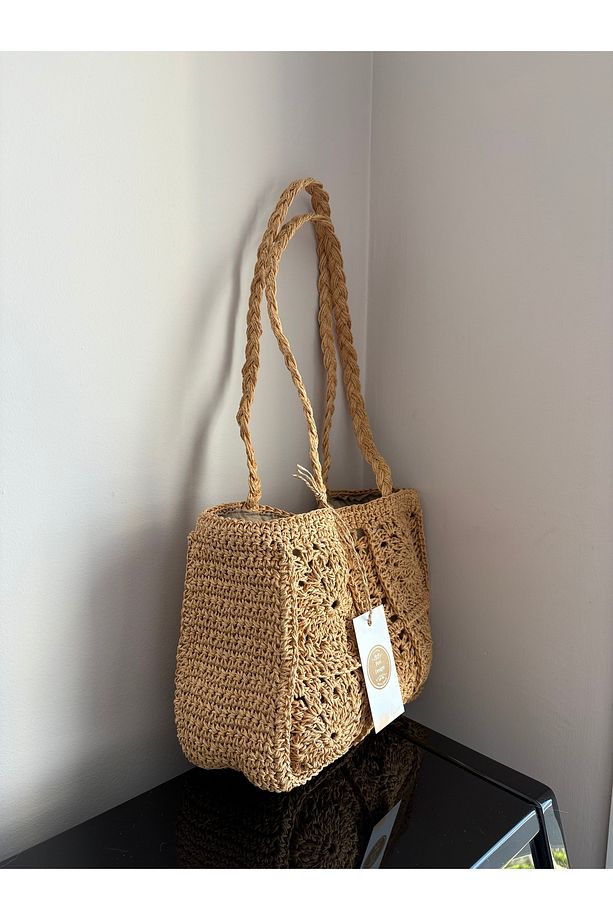 Hasır Motifli El Örmesi Omuz Çantası 25x40cm Astarlı - 3