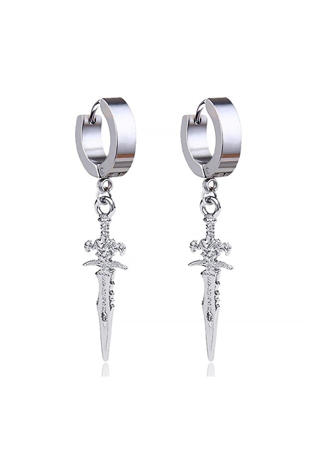 Gray Steel Sword Dangle Earrings for Women Men Ei33By