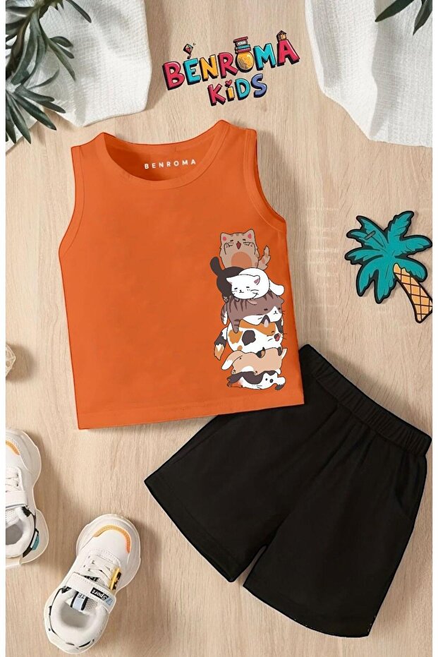 Cats Overlap Printed Shorts Tee Unisex Children's Set