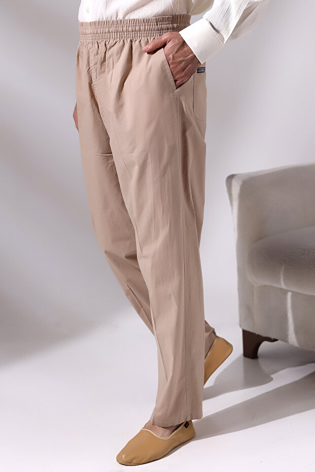 Men's Beige Çınar Relaxed Cut Elastic Waist Hajj and Umrah Linen Shalwar Trousers