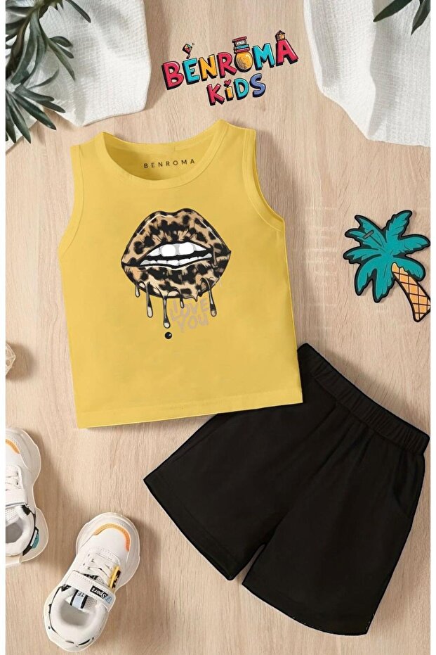 Leopard Lip Printed Shorts Tee Unisex Children's Set