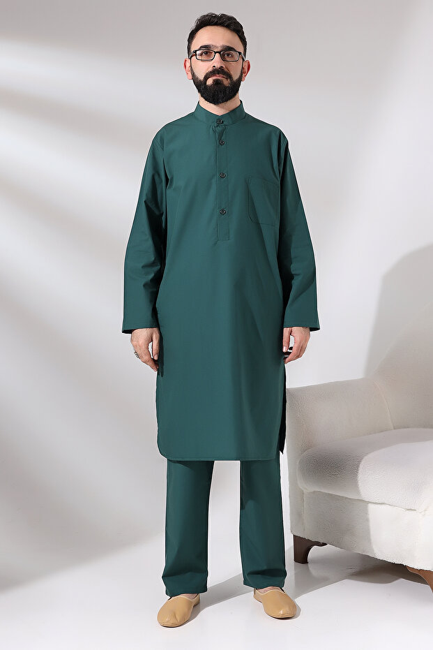 Men's Hajj and Umrah Suit Double Bottom Top Afghan Suit Green