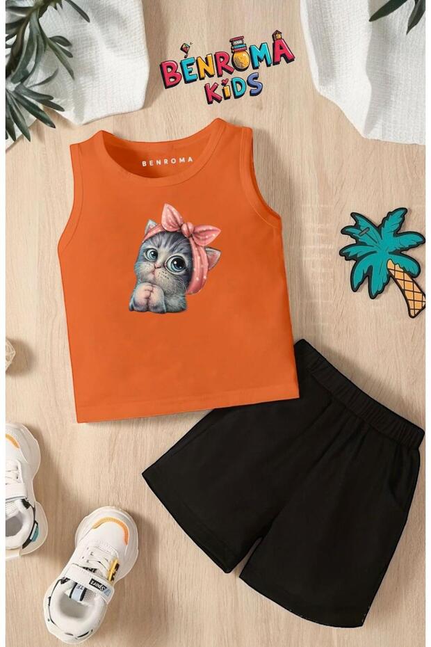 Minnoş Cat Printed Shorts Tee Unisex Children's Set