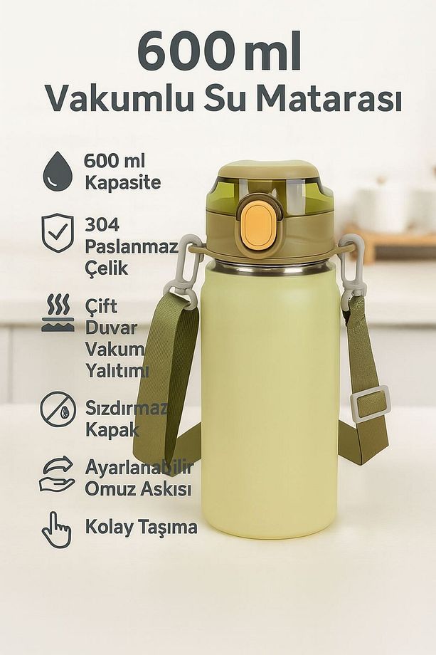 304 L Çelik Yeşil 600 ml Askılı ve Pipetli Matara Suluk cin411ys - 7