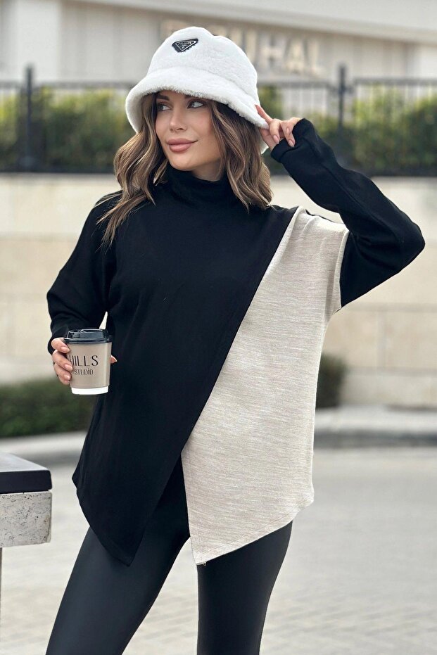 Women's Black Asymmetrical Cut, Front Two-Piece, Acrylic Fabric, Loose Sweater