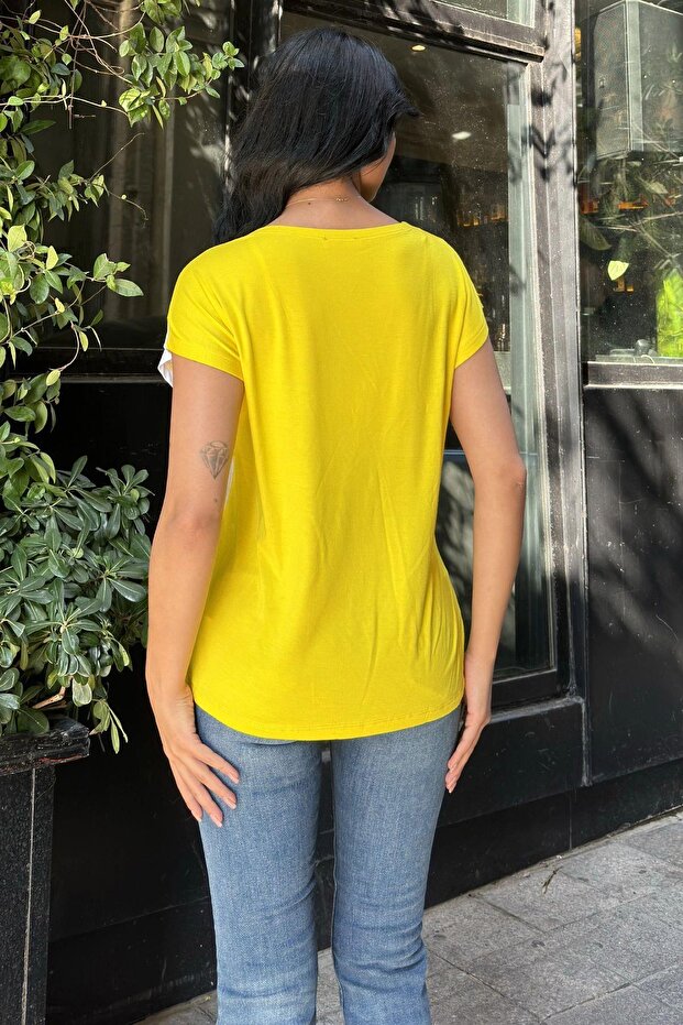 بلوزة أساسية من القطن باللون الأبيض والأصفر - 6