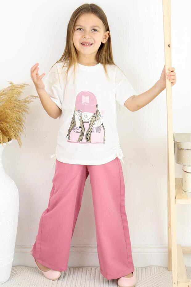 Girls' Matching Set: Girl with Hat, Printed T-shirt and Beige Wide-Leg Pants (Top and Bottom Set) - Ages 6-13