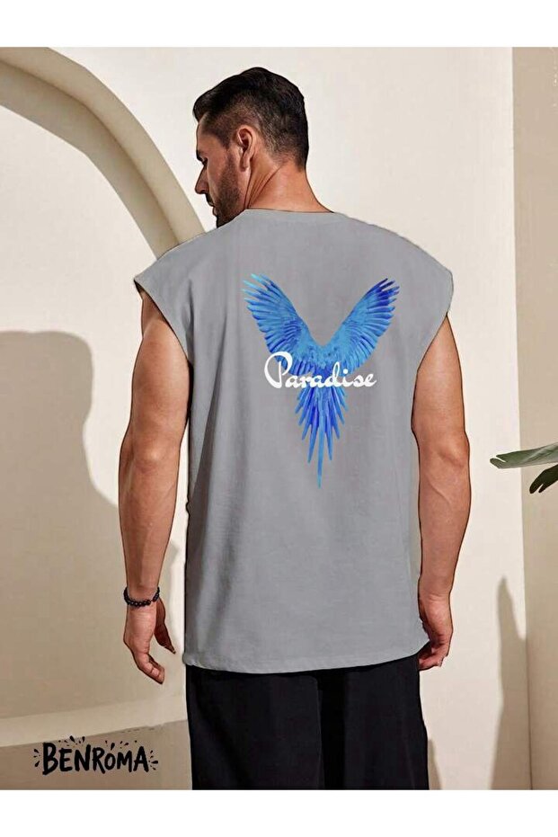 Paradise Blue Bird Printed Sleeveless T-Shirt