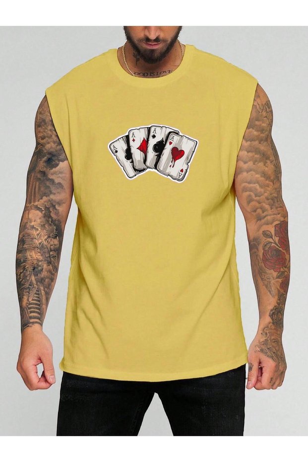 In Cart 6 and Above Purchases Get 1 T-Shirt Gift - Playing Cards Printed Sleeveless T-Shirt