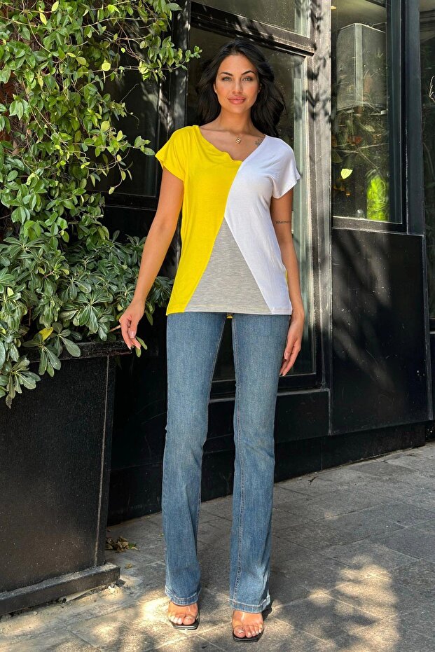 بلوزة أساسية من القطن باللون الأبيض والأصفر - 5