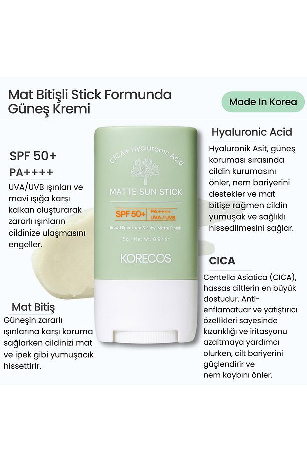 Matte Sun Stick Spf50 Pa Uva/uvb Cıca Hyaluronik Asit Mat Bitişli Yüksek Korumalı Stick Güneş Kremi - 2
