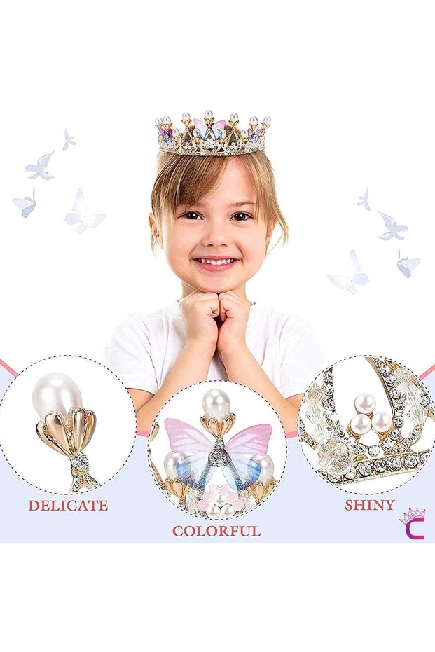 Butterfly Pearl Zircon Stone Girl's Princess Crown Gold- Tiara Birthday Party Crown Hair Band Buckle