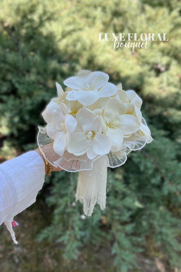 Ivory Grace-Lace Pearl Detailed Artificial Bridal Bouquet Magnolia Arrangement Promise, Engagement, Wedding Flower Bouquet
