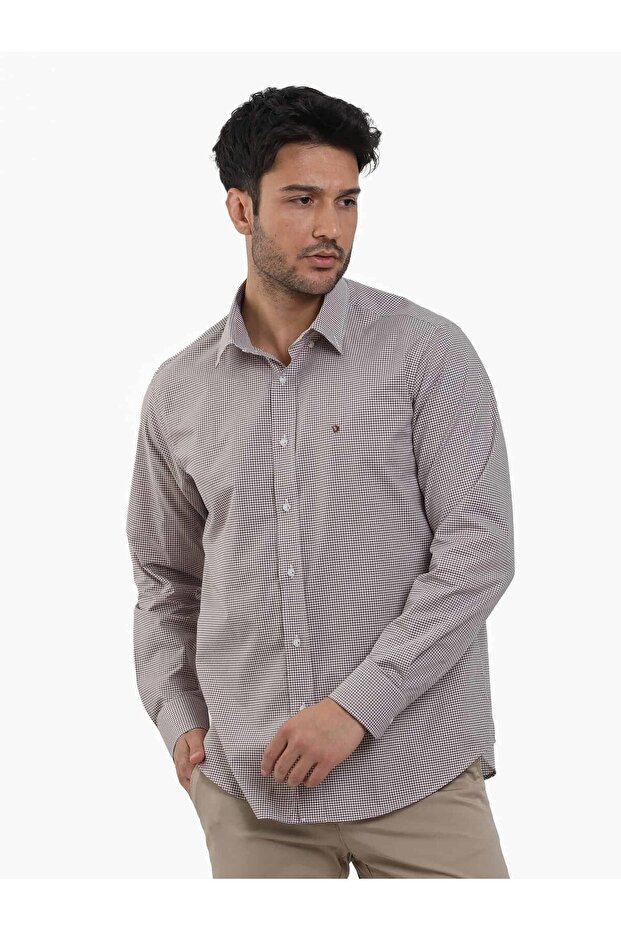 Men's Regular Fit Button-Down Collar Long Sleeve Brown Shirt