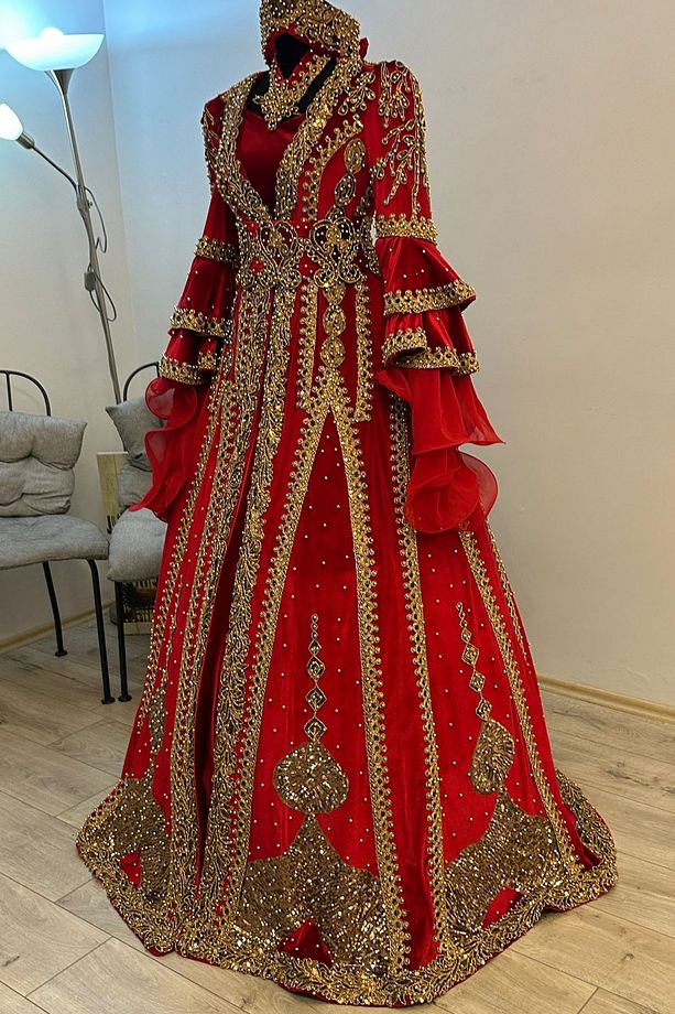Kırmızı Bindallı Kaftan Abiye Gelin Kına Gecesi Elbisesi Bindallı TACI -KEMER-KOLYE TARLATAN Hediye - 1