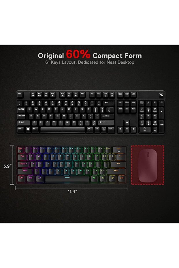 Compact RGB Mechanical Gaming Keyboard, Wireless Bluetooth 2.4GHz Wired, 3 Modes, 61 Keys with Hot-S - 6