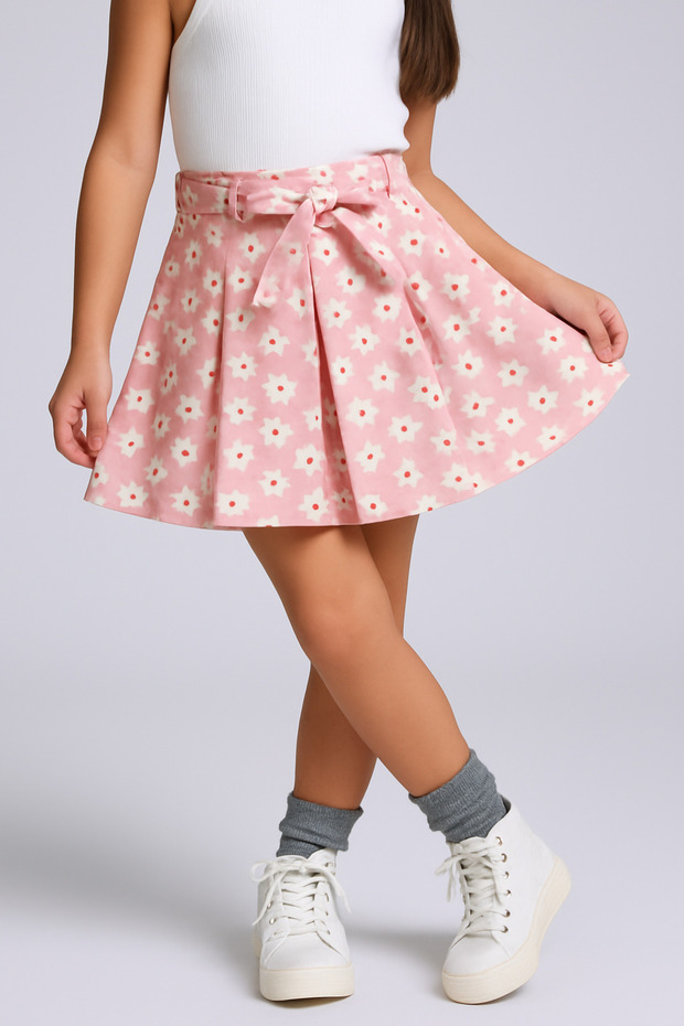 Girl's Skirt Zipper Closure Floral Printed Pleated Skirt 4-10 Years