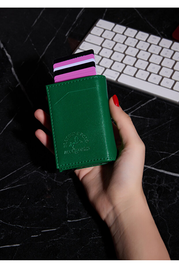 Rfid Protected Grass Green Women's Automatic Mechanism Anti-Theft Money Compartment Card Holder Wallet