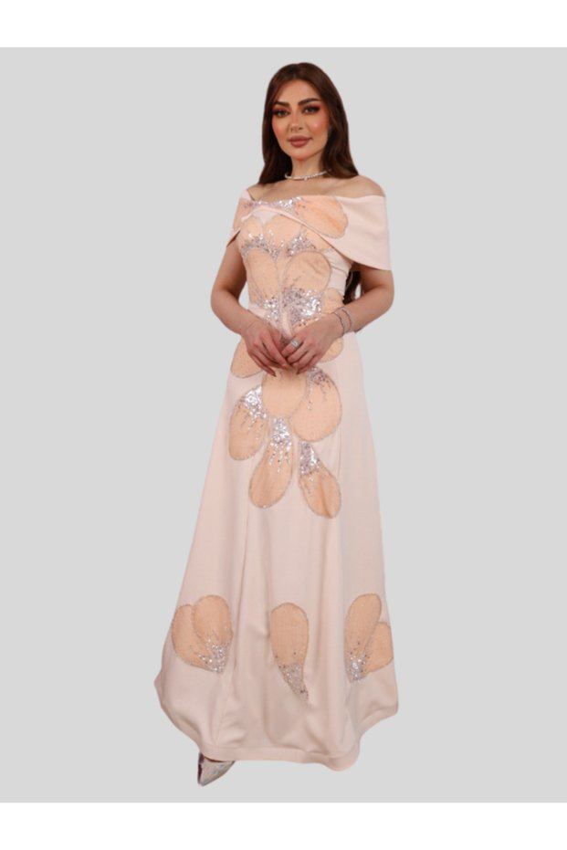 Elegant Pink Sequined Off-Shoulder Evening Gown with Floral Applique - Formal Maxi Dress