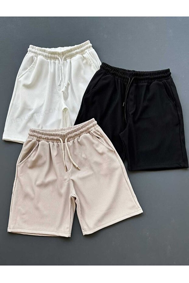 Men's Ottoman Fabric Black White Beige Shorts 3-Piece Set