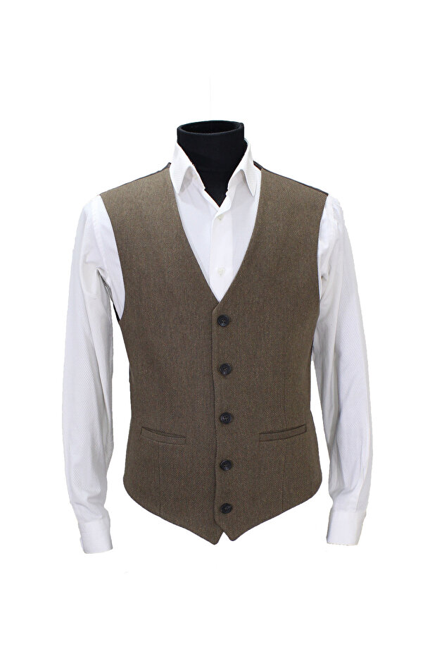 Men's Vest V-Neck Brown Wool Patterned 50353