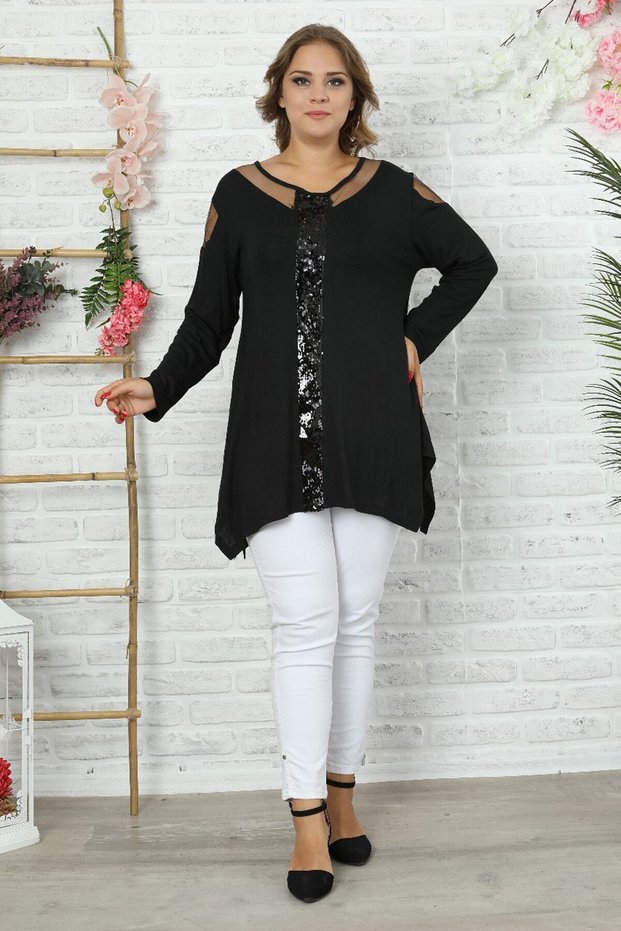 Special Design, Comfortable, Flowing, Tulle at the Neckline and Shoulders, Front Sequin Detail, Long Sleeves, Asymmetrical, Stretchy Tunic