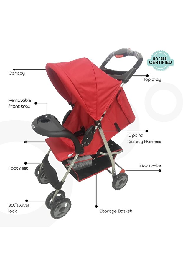 Bezik One Hand Fold Travel Stroller/Pram - Dark Red - 3
