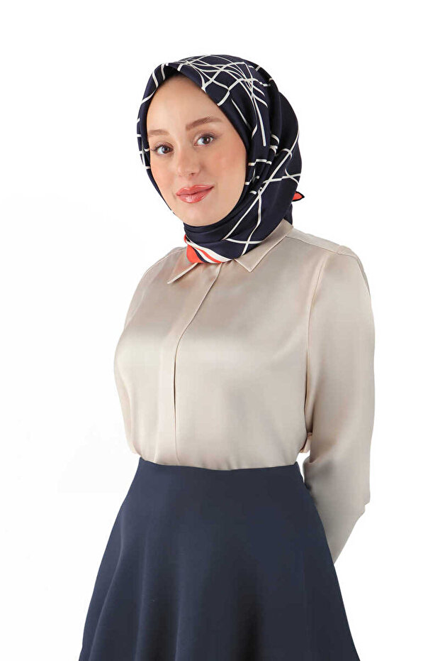 وشاح حريري شبكي باللون الأزرق الداكن - نمط صدى - 2